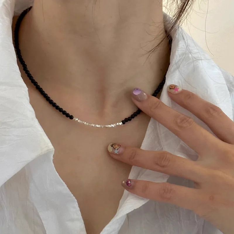 Halskette aus 925er-Sterlingsilber, schwarze Perlen, quadratisch, unregelmäßig, Punk, geometrisch, für Frauen und Mädchen, Schmuck, Geschenk, Dropshipping, Großhandel