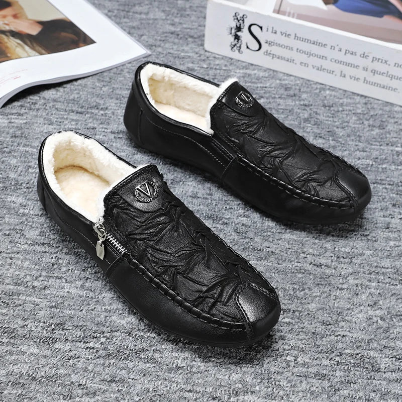 Winter Leder Männer Casual Schuhe Plüsch Warme Bequeme Halbschuhe Leichte Herren Fahren Schuhe Slip-on Herren Faule Schuhe Mokassins