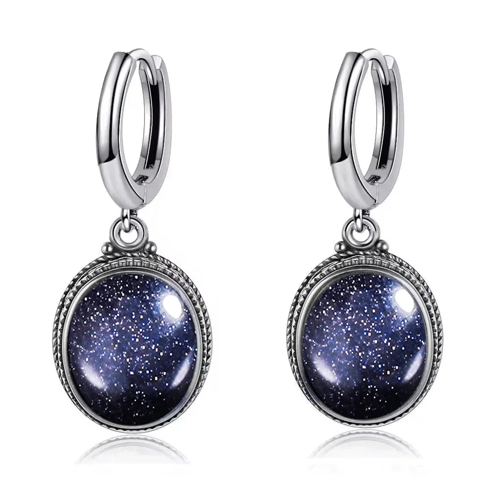 Vintage-Ohrring aus 925er-Sterlingsilber, ovaler natürlicher Kyanit-Stein, Mondstein, Labradorit, Creolen mit Halskette, Set für Frauen