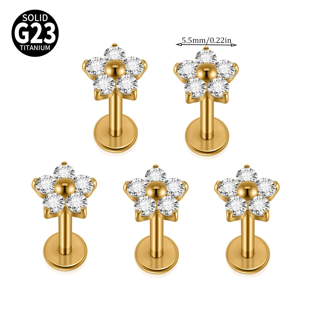 1/5PCS F-136 Implantat Titan Verschiedene Größe Blume Zirkonia Labret 16G Innengewinde Knorpel Helix Lappen Ohrring Piercing