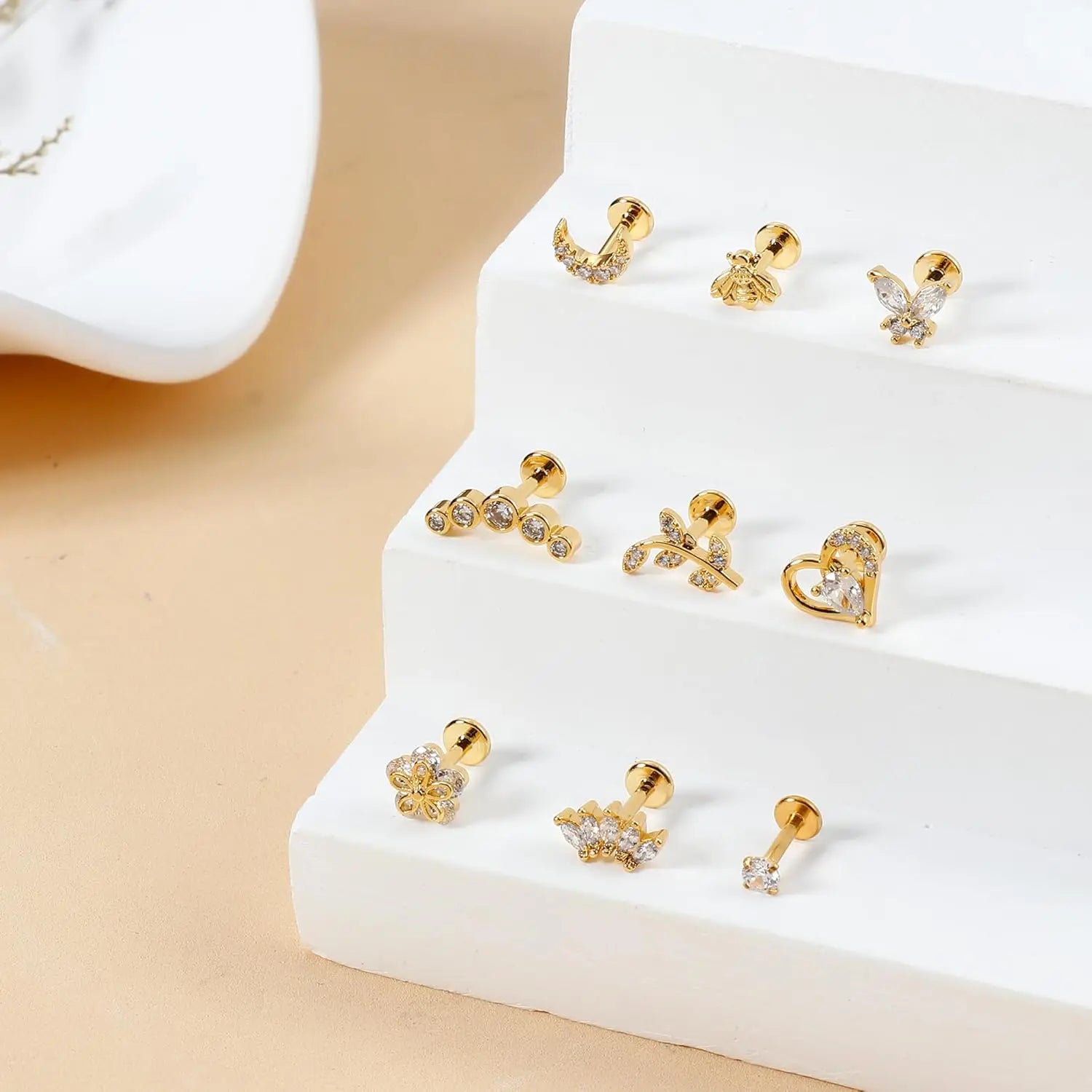 Drperfect 9-teiliges Knorpel-Ohrring-Set mit Schraubverschluss, Tragus Helix Conch, Innengewinde, Labret-CZ-Ohrringe, Piercing für Frauen