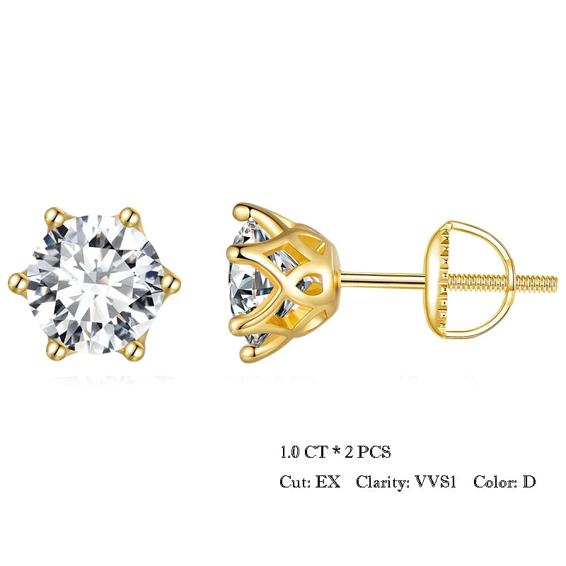 Bamoer U Gold-Moissanit-Ohrstecker, Ohrringe mit Schraubverschluss, Edelstein, Diamant, 6 Zinken, D-Farbe, Solitär für Frauen, Hochzeitsgeschenk