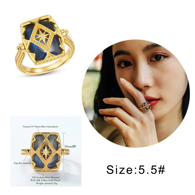 ALLNOEL Vintage-Ring-Anhänger aus 925er-Sterlingsilber, natürlicher Labradorit, Ohrring, Modeschmuck, Weihnachtsfeier, Geschenk, Zubehör