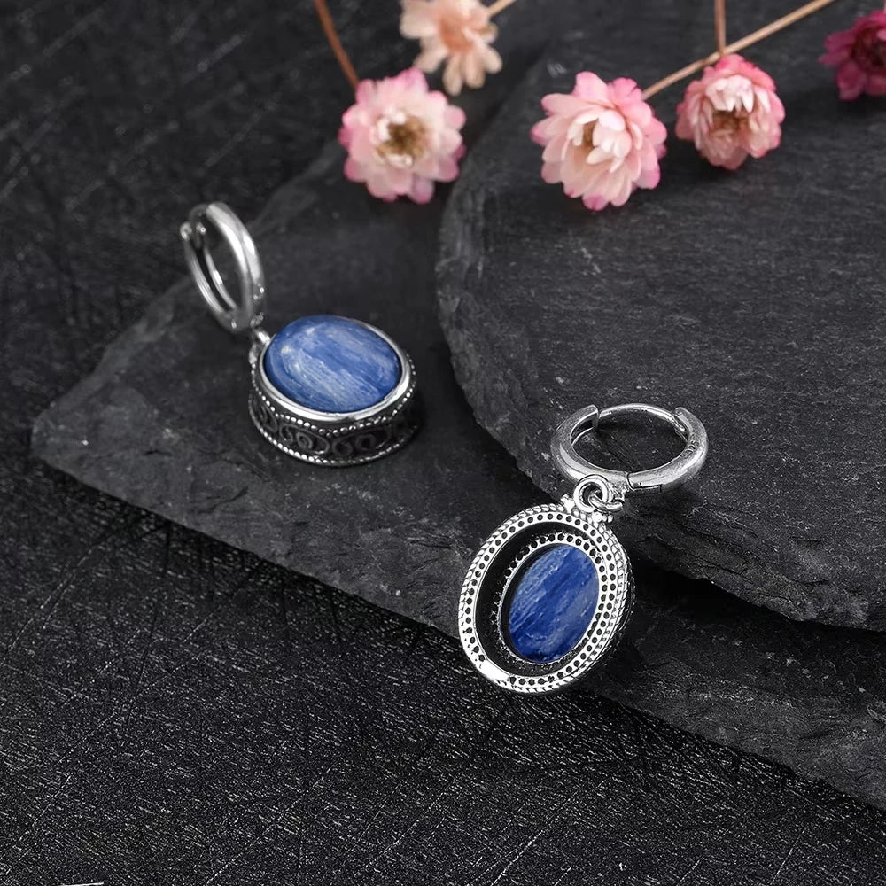 Vintage-Ohrring aus 925er-Sterlingsilber, ovaler natürlicher Kyanit-Stein, Mondstein, Labradorit, Creolen mit Halskette, Set für Frauen