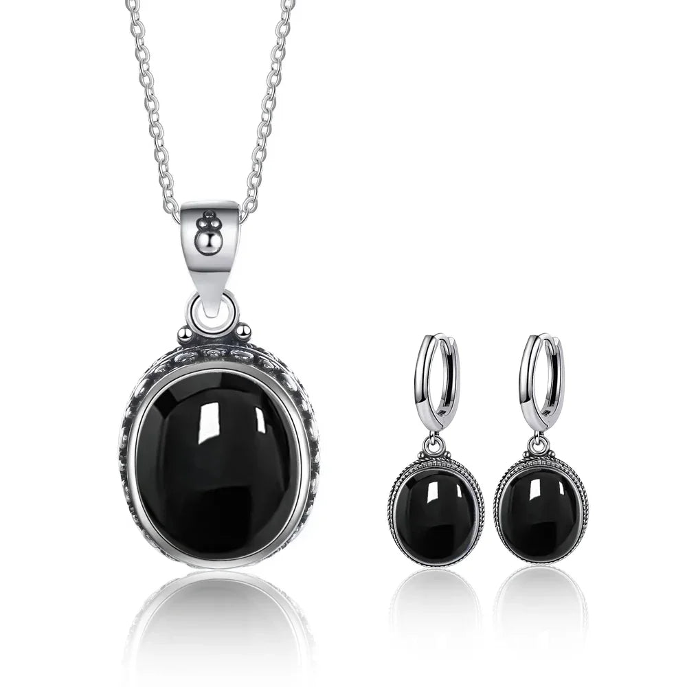 Vintage-Ohrring aus 925er-Sterlingsilber, ovaler natürlicher Kyanit-Stein, Mondstein, Labradorit, Creolen mit Halskette, Set für Frauen