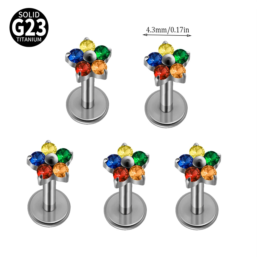 1/5PCS F-136 Implantat Titan Verschiedene Größe Blume Zirkonia Labret 16G Innengewinde Knorpel Helix Lappen Ohrring Piercing