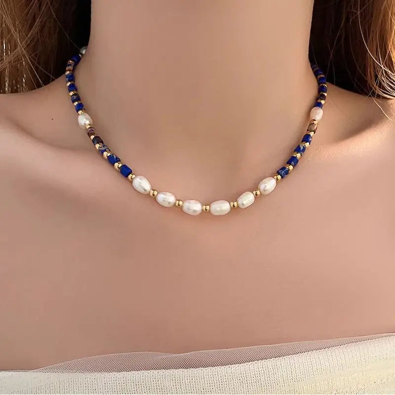 Neue Ankunft 100% Natürliche Süßwasser Perle & Lapis Lazuli Stein 14K Gold Gefüllt Weibliche Perlen Kette Halskette Schmuck Für frauen