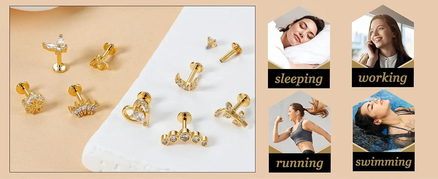 Drperfect 9-teiliges Knorpel-Ohrring-Set mit Schraubverschluss, Tragus Helix Conch, Innengewinde, Labret-CZ-Ohrringe, Piercing für Frauen