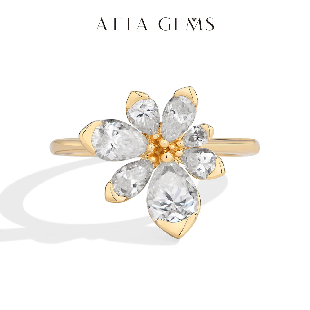 ATTAGEMS Luxus-Damenring aus 925er-Sterlingsilber, Blumen, DVVS1, Moissanit, Birnenschliff, klassisches Band, Verlobung, Hochzeit, edler Schmuck