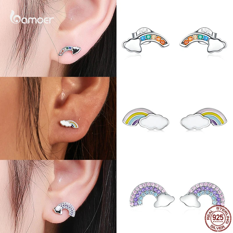 Bamoer Luxus-Ohrringe für Mädchen aus 925er-Sterlingsilber, Regenbogen-Schmetterling, niedlich, schick, lustig, Ohrstecker, Original für Damen, Party, edler Schmuck