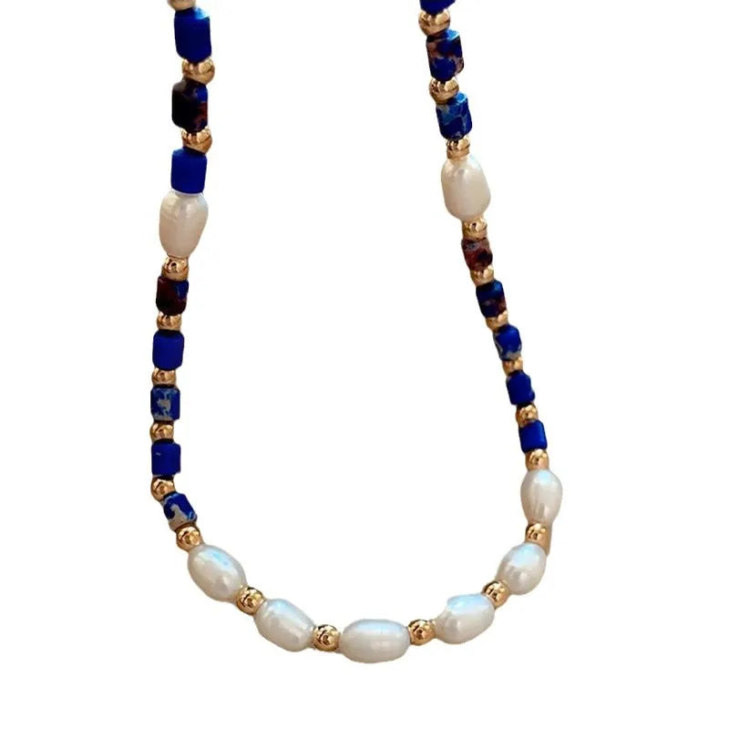 Neue Ankunft 100% Natürliche Süßwasser Perle & Lapis Lazuli Stein 14K Gold Gefüllt Weibliche Perlen Kette Halskette Schmuck Für frauen