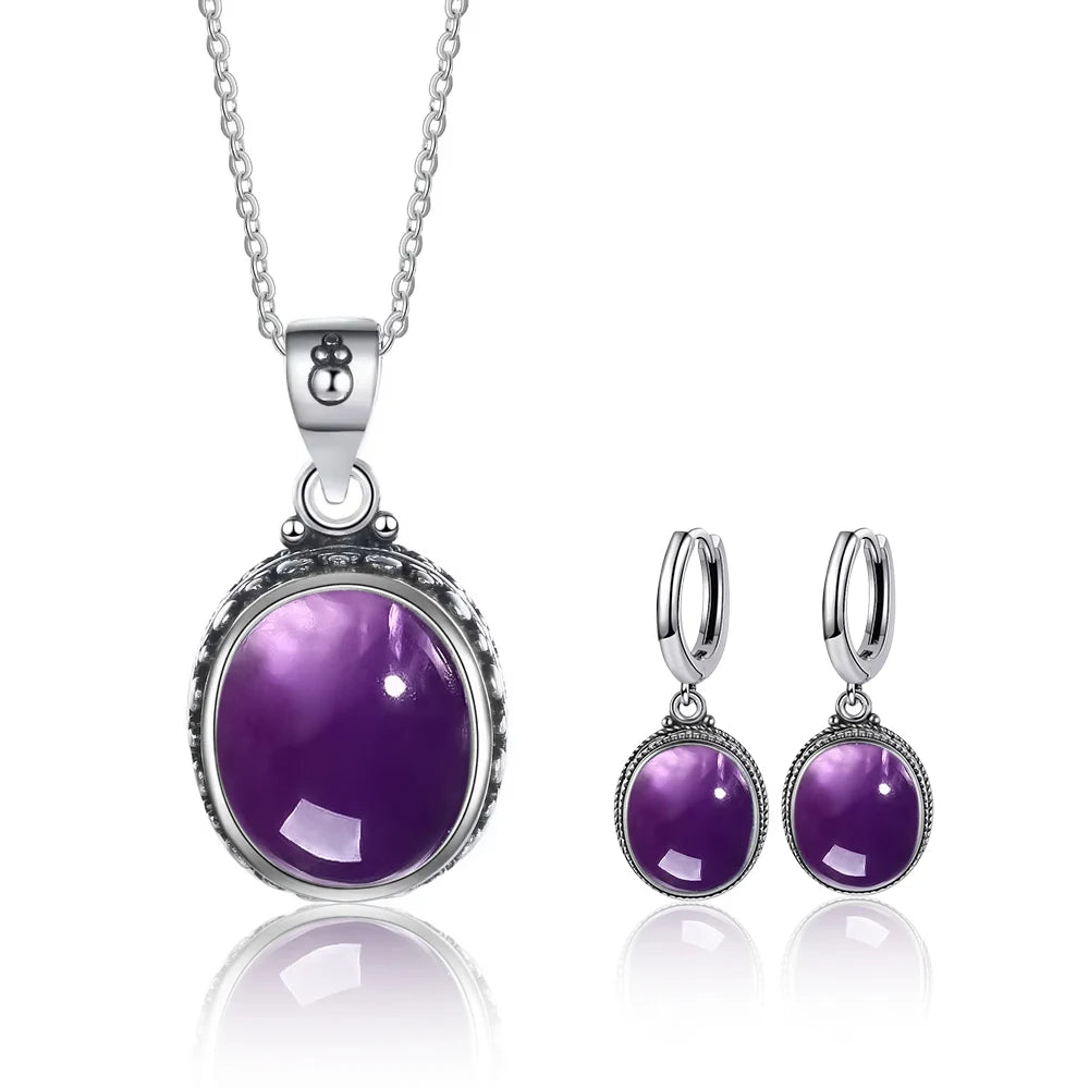 Vintage-Ohrring aus 925er-Sterlingsilber, ovaler natürlicher Kyanit-Stein, Mondstein, Labradorit, Creolen mit Halskette, Set für Frauen