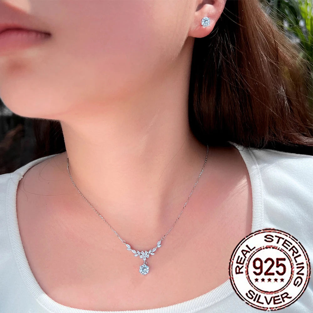 QooLady Halskette-Ohrringe-Sets aus Sterlingsilber 925, elegant, glänzend, CZ-Stein, Blatt-Blumen-Halskette, Ohrringe-Sets für Frauen, feiner Hochzeitsschmuck ST030