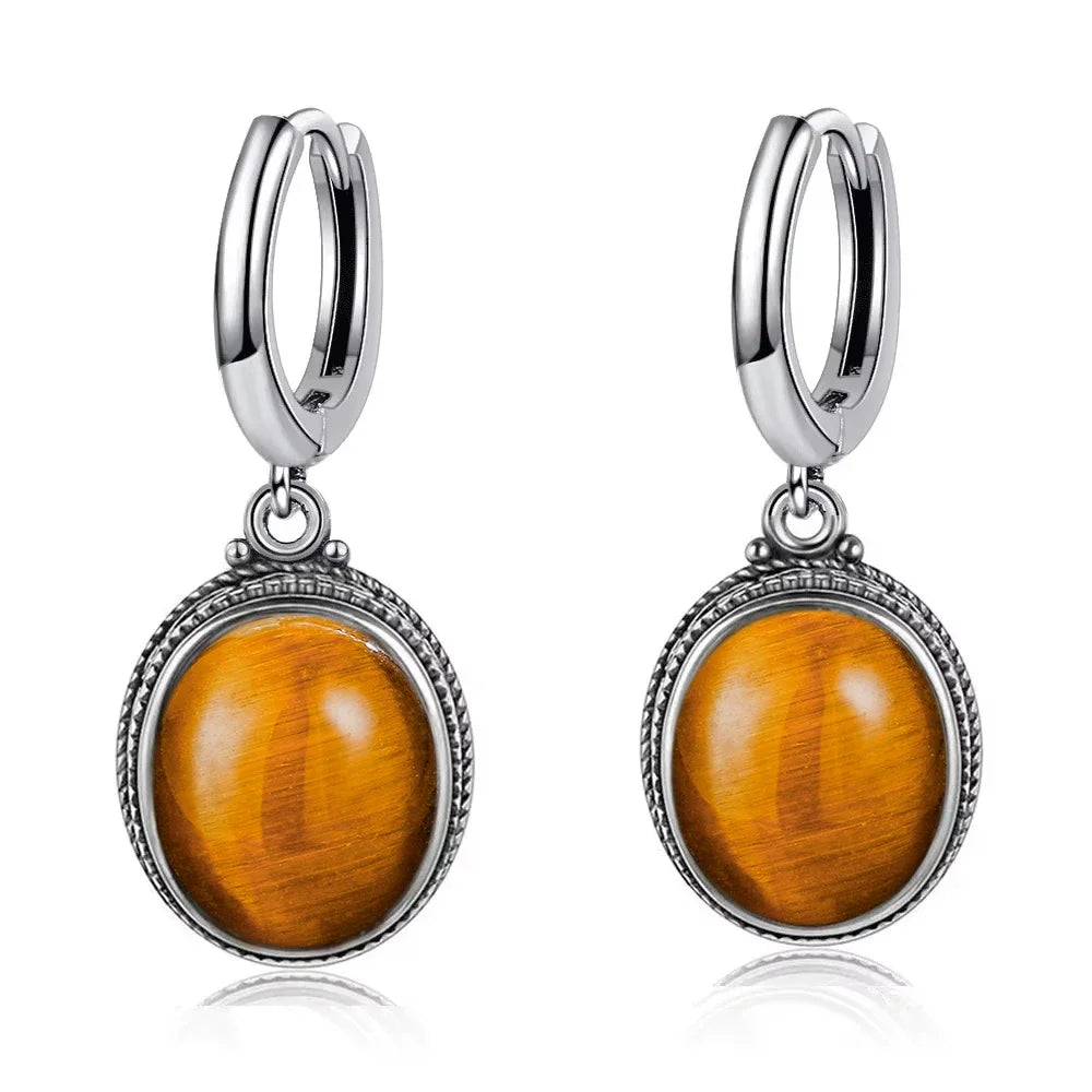 Vintage-Ohrring aus 925er-Sterlingsilber, ovaler natürlicher Kyanit-Stein, Mondstein, Labradorit, Creolen mit Halskette, Set für Frauen