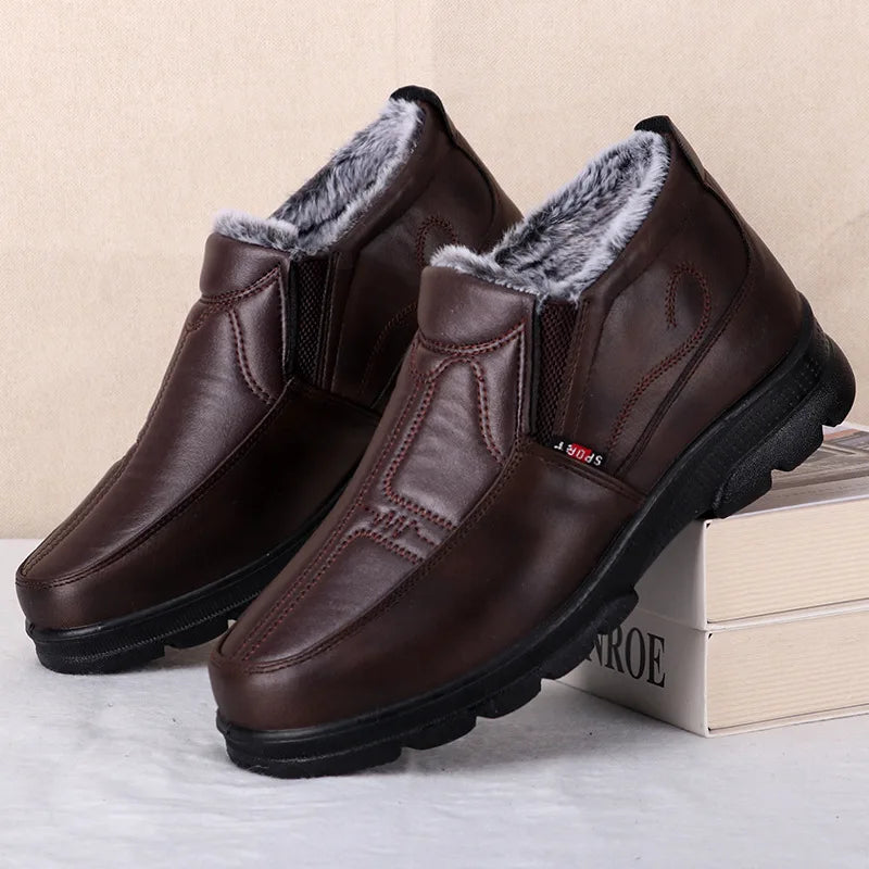 Herren Winter Schneestiefel – Rutschfeste, Dicke Leder Baumwollschuhe Wasserdicht