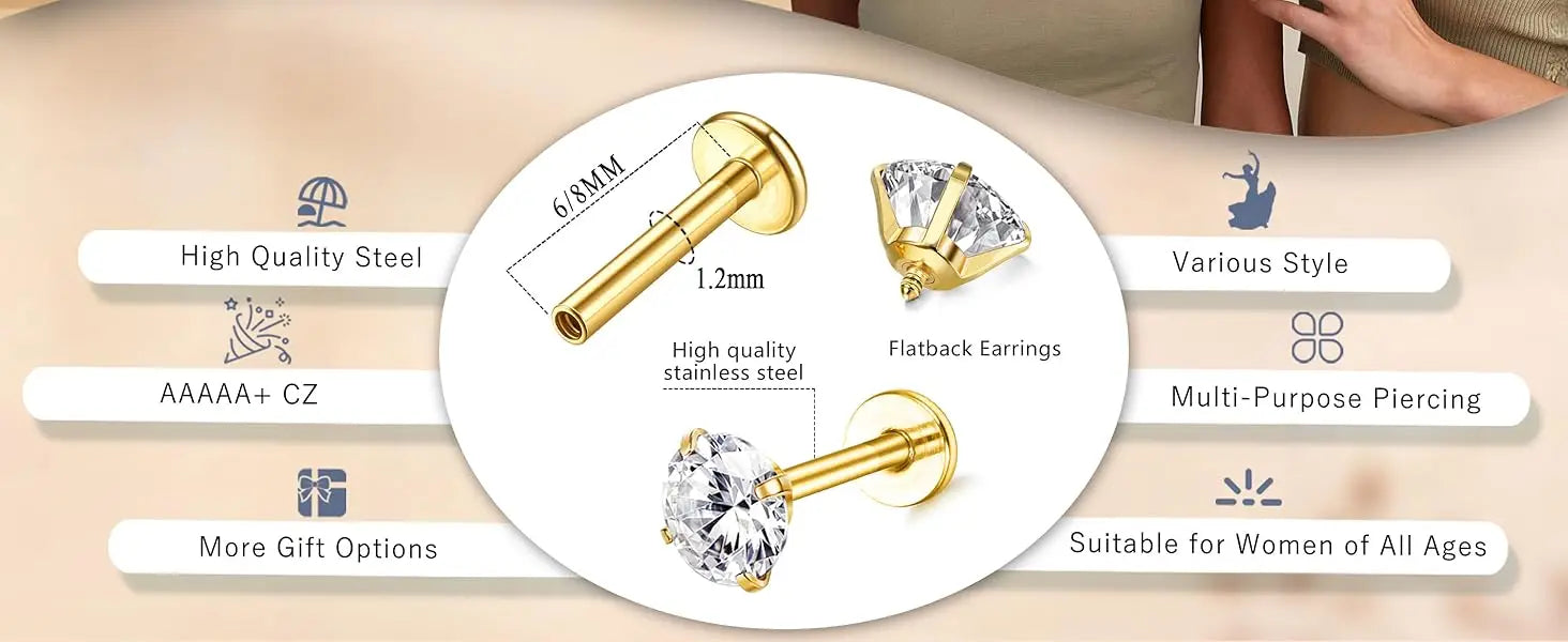 Drperfect 9-teiliges Knorpel-Ohrring-Set mit Schraubverschluss, Tragus Helix Conch, Innengewinde, Labret-CZ-Ohrringe, Piercing für Frauen