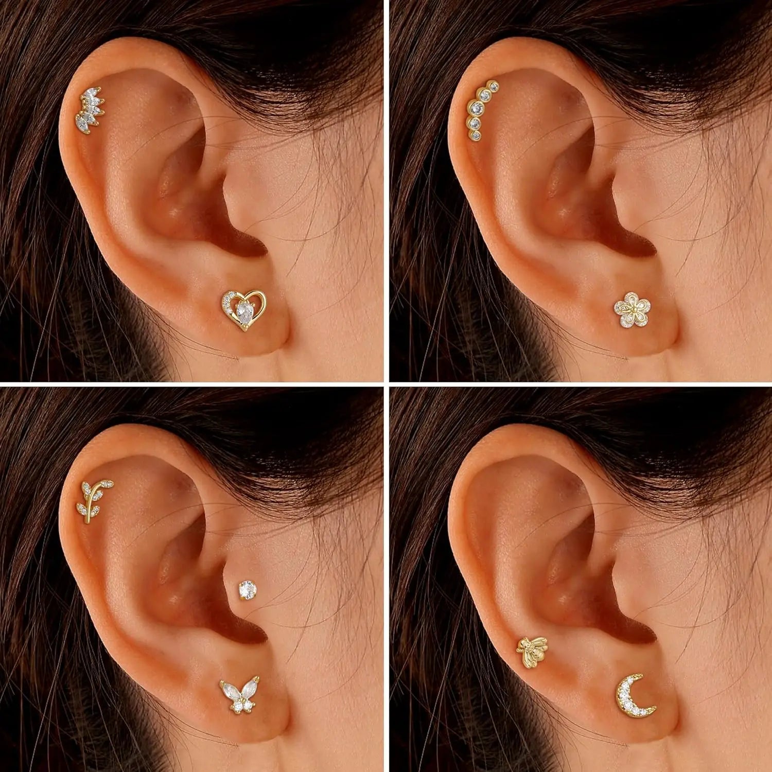 Drperfect 9-teiliges Knorpel-Ohrring-Set mit Schraubverschluss, Tragus Helix Conch, Innengewinde, Labret-CZ-Ohrringe, Piercing für Frauen