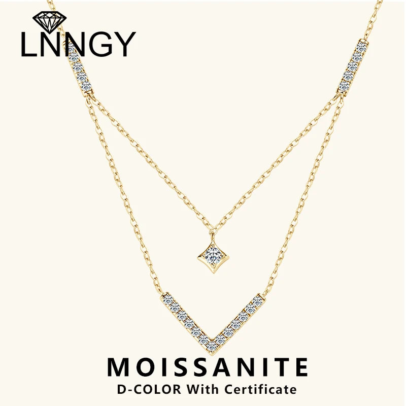 Lnngy Funkelnde 3 mm & 1,8 mm runde Moissanit-Halskette aus 925er-Sterlingsilber, modische V-förmige Halsketten für Frauen, edler Schmuck, Geschenk
