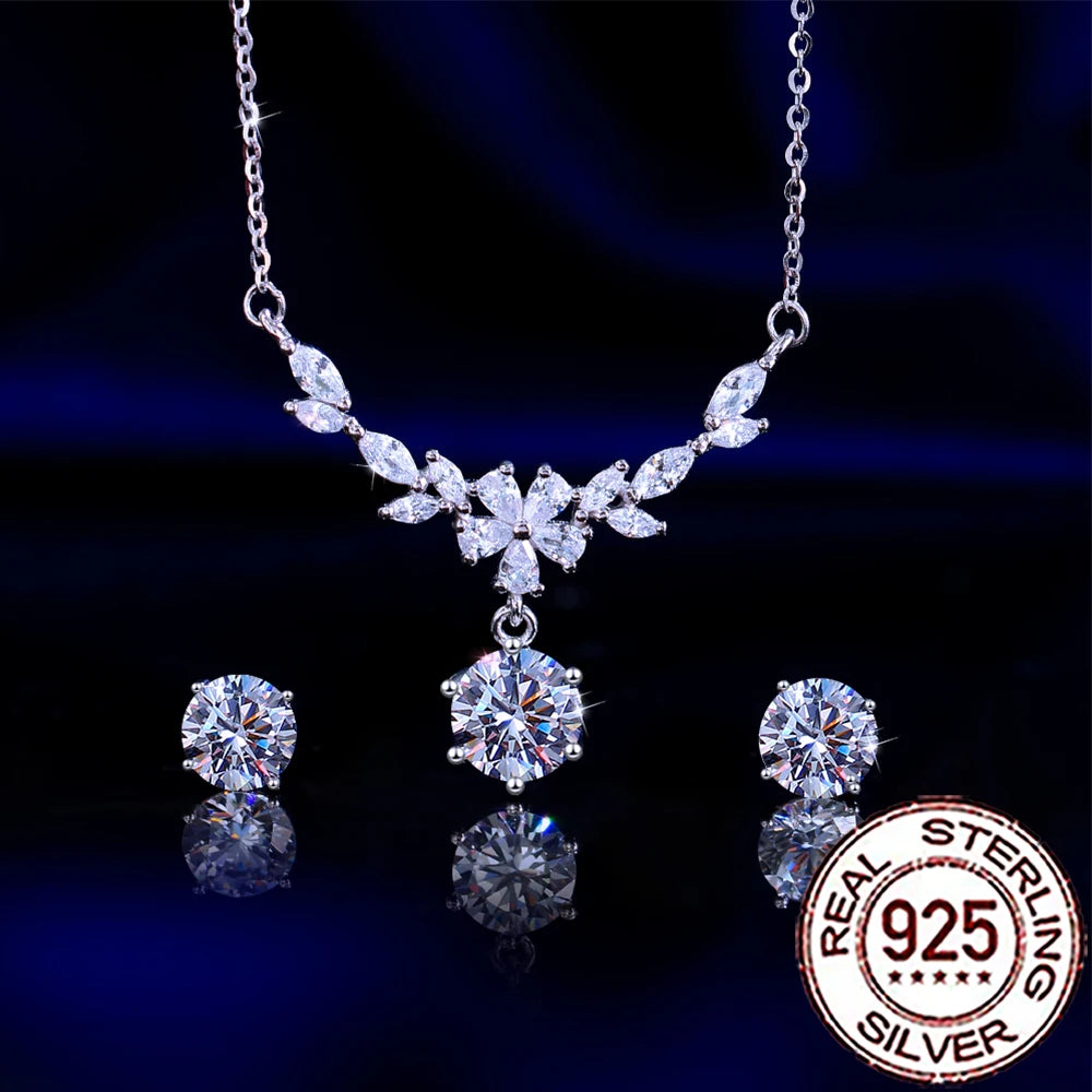 QooLady Halskette-Ohrringe-Sets aus Sterlingsilber 925, elegant, glänzend, CZ-Stein, Blatt-Blumen-Halskette, Ohrringe-Sets für Frauen, feiner Hochzeitsschmuck ST030