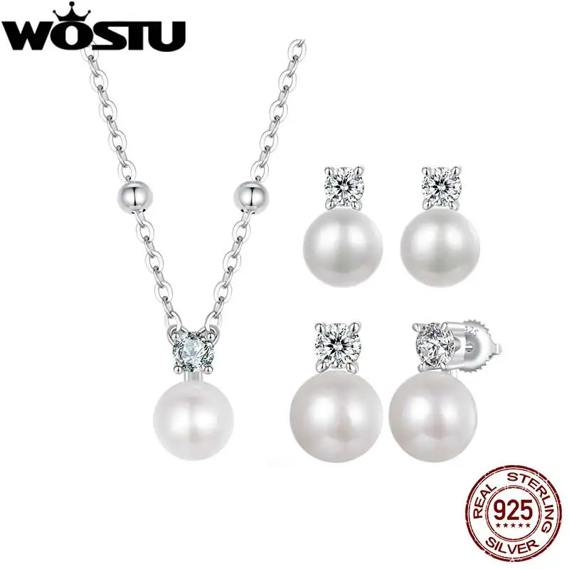WOSTU 1 CT Moissanit Natürliche Perle Ohrstecker Labor Diamant 925 Sterling Silber Anhänger Frauen Hochzeit Set Valentinstag Geschenk