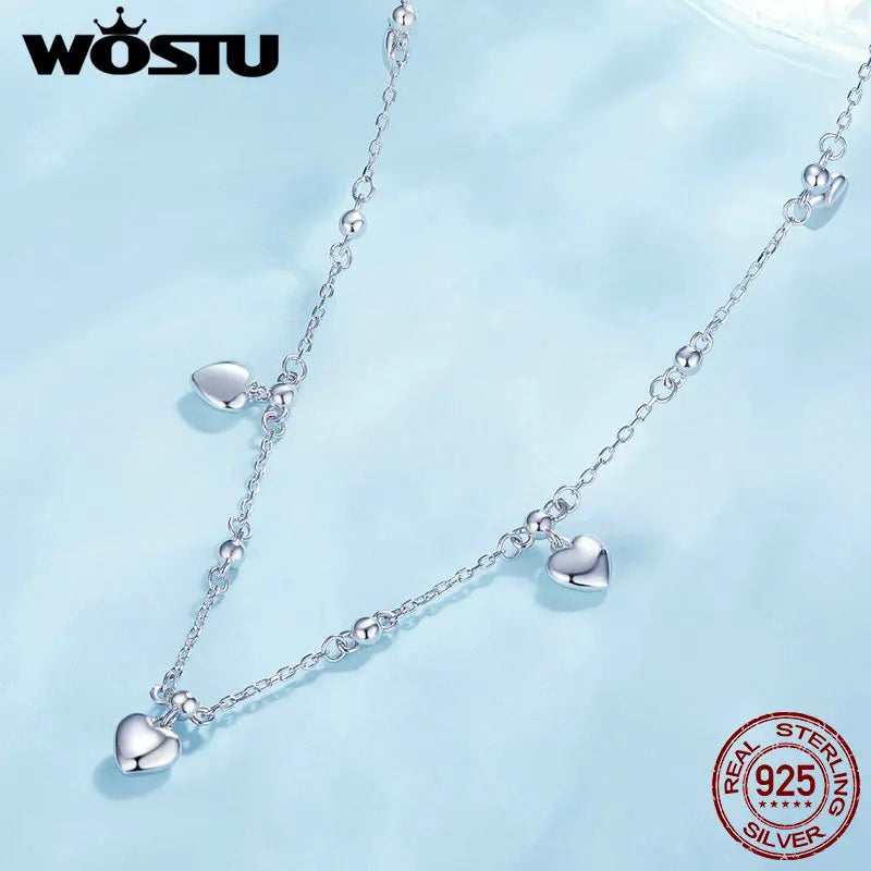WOSTU Echte 925er-Sterlings-Hochzeits-Stapelbare Herz-Quasten-Halskette, runde Zirkon-Kette, funkelnde Y-Kettenglieder, stapelbarer Schmuck