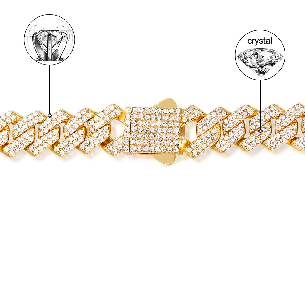 14mm Iced Out Cuban Kette für Herren – Luxuriöse Hip-Hop Strass-Halskette mit Zirkonia-Steinen – Gold/Silber