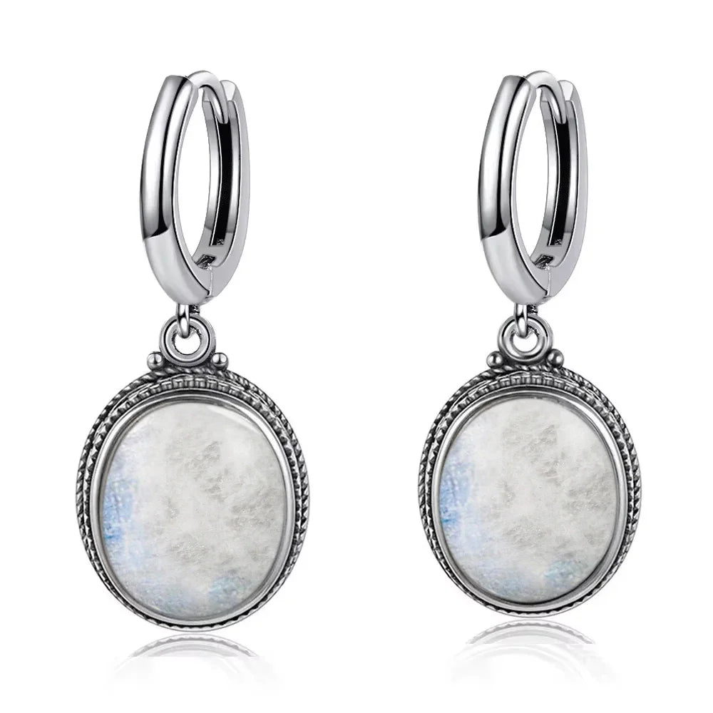 Vintage-Ohrring aus 925er-Sterlingsilber, ovaler natürlicher Kyanit-Stein, Mondstein, Labradorit, Creolen mit Halskette, Set für Frauen