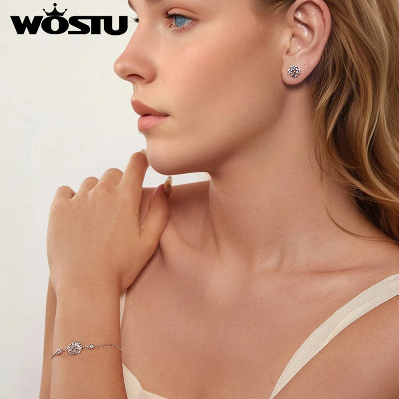 WOSTU Baum des Lebens Kettenglied-Armbänder Ohrstecker für Frauen 925 Sterling Silber AAA Zirkon Armband Familie Schmuckset Geschenk