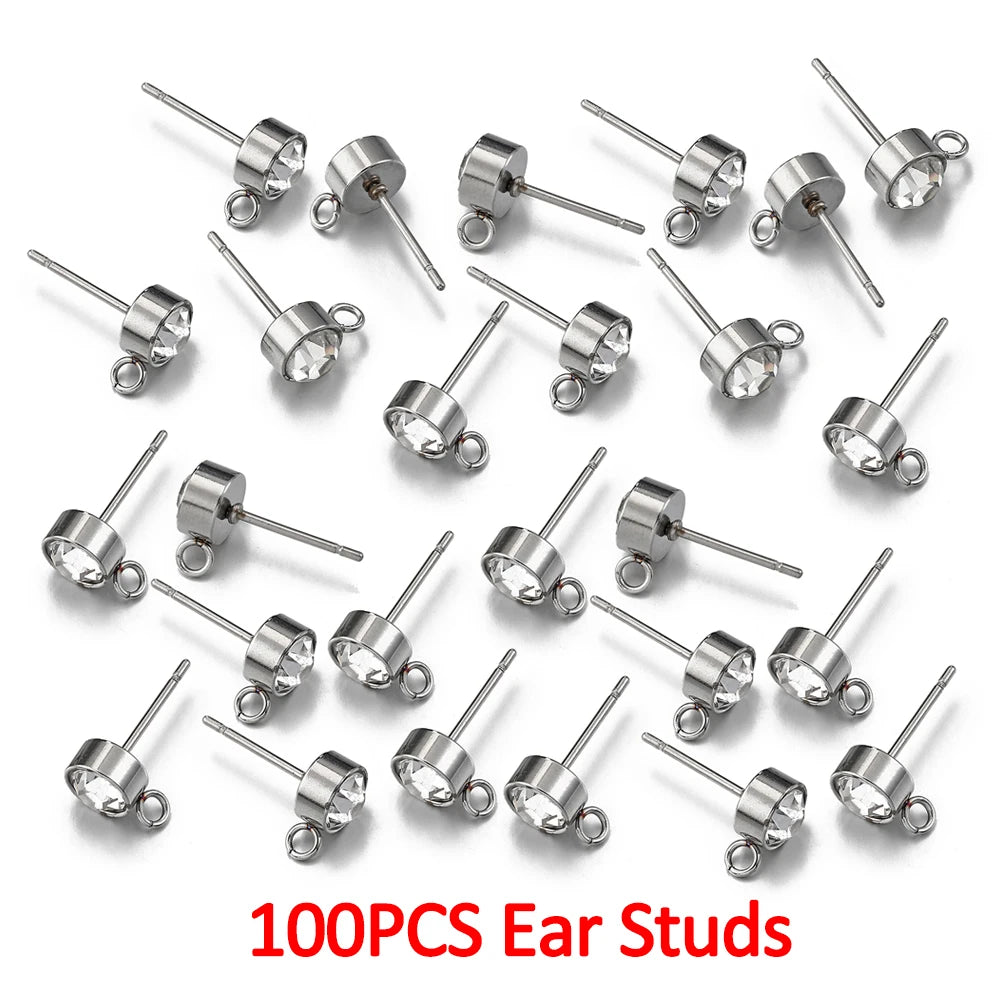 100 Stück/20 Stück Edelstahl-Strass-Ohrringpfosten, goldfarbene Ohrstecker mit Schlaufenringen, DIY-Ohrringe, Schmuckherstellungszubehör