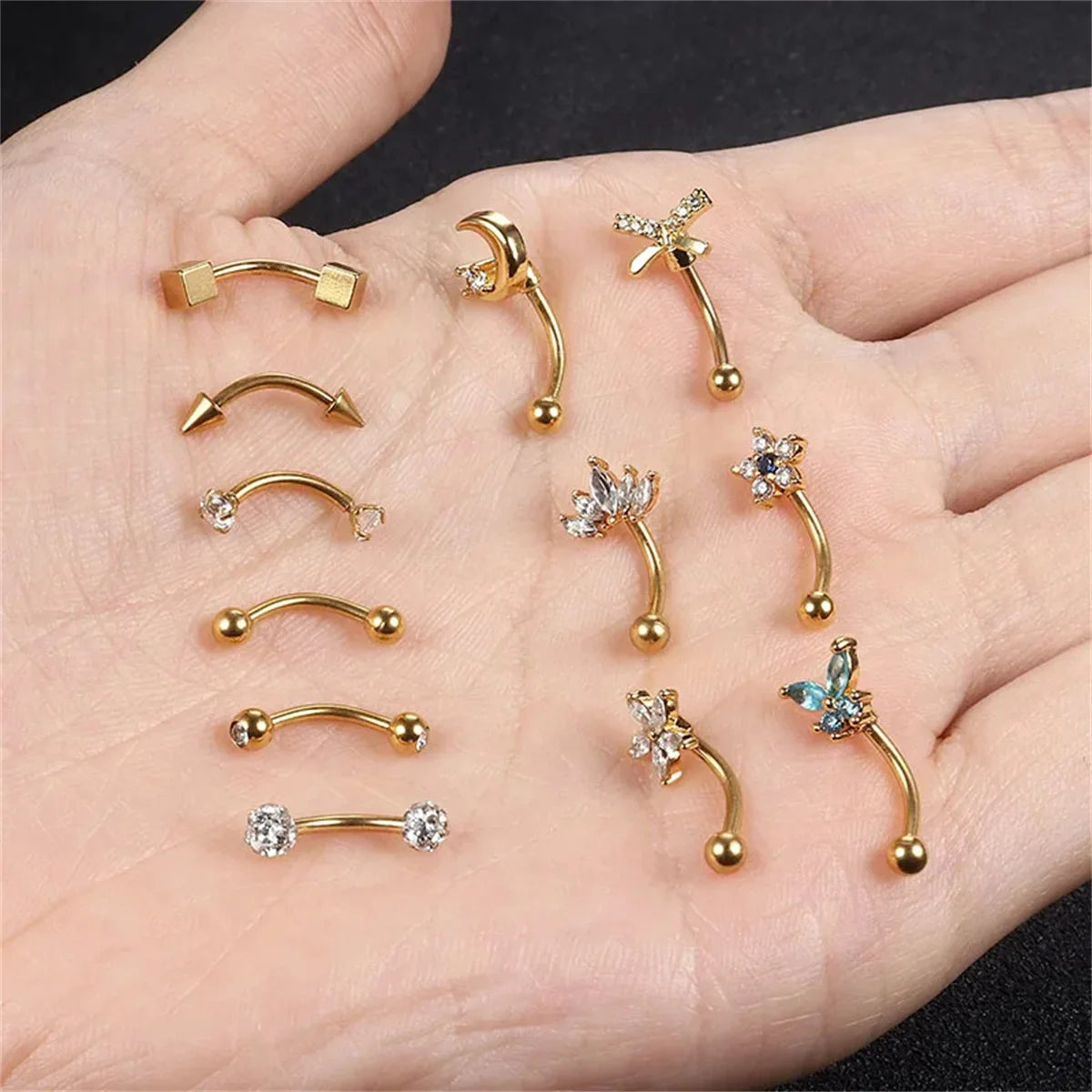 1/11er Set 16G Piercing  Gebogene Langhanteln für Helix, Rook und Augenbraue