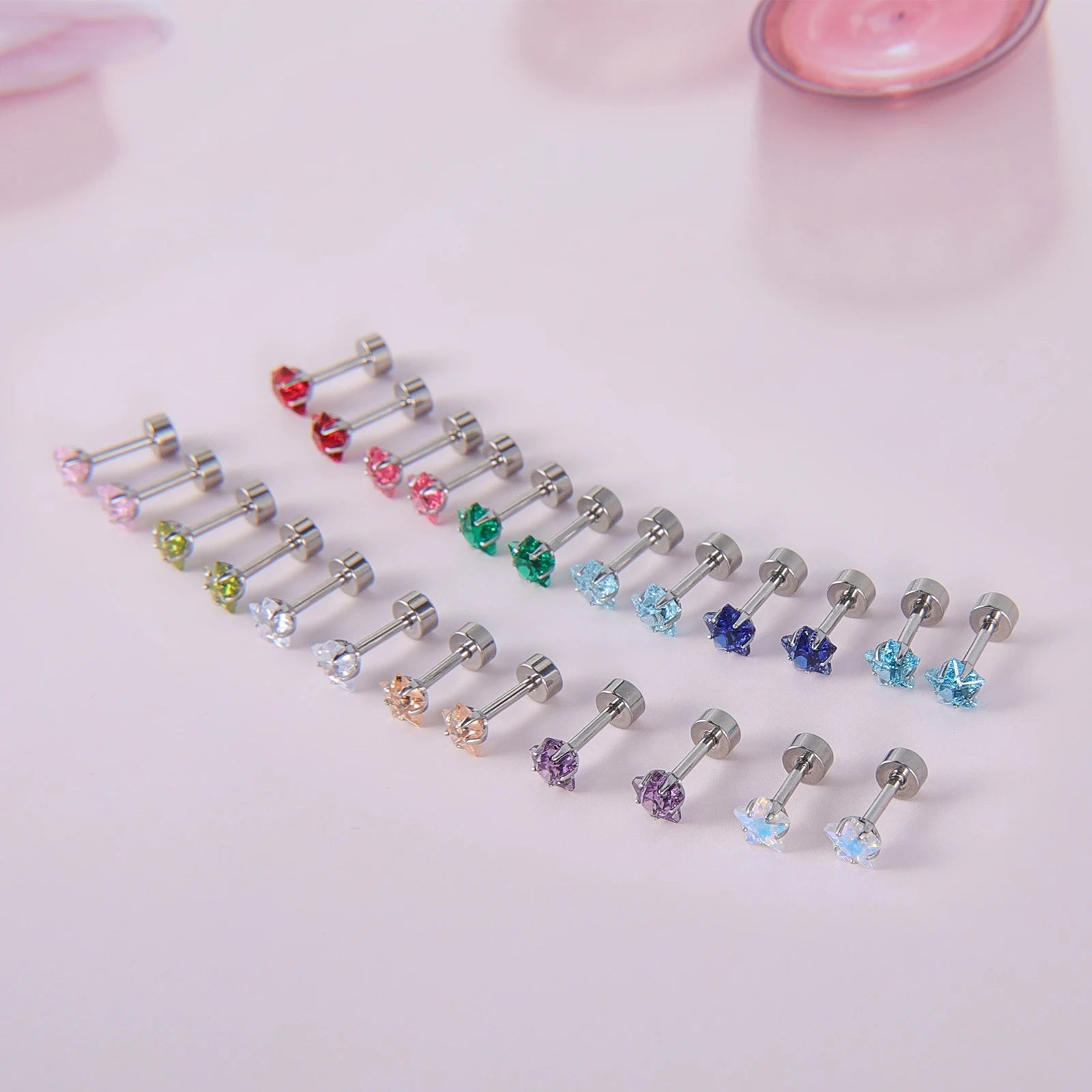 12-teiliges Ohrstecker-Set aus chirurgischem Edelstahl mit Knorpel-Helix-Ohrstecker, flache Rückseite, Schraubstern-CZ-Brithstone-Ohrringe für Frauen und Mädchen