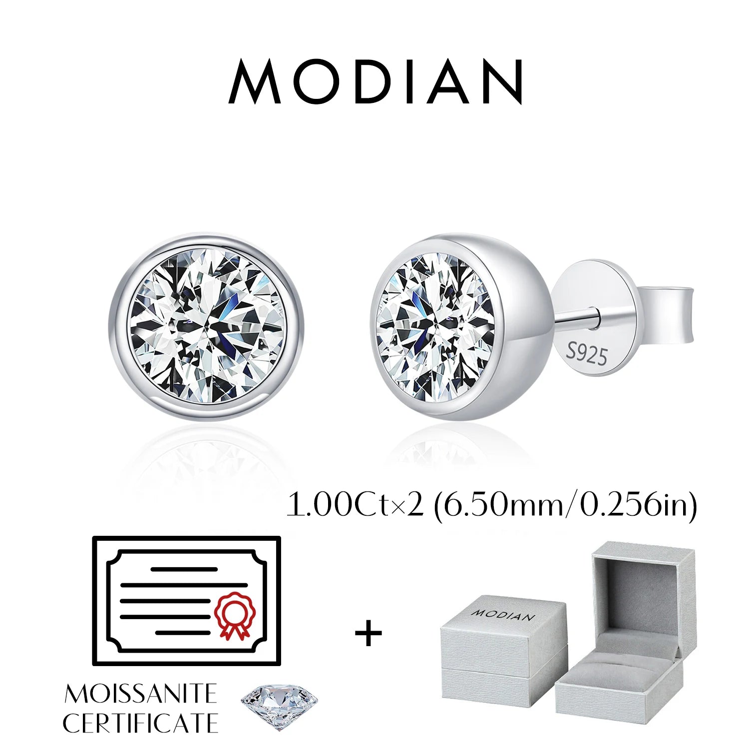 MODIAN 1CT/2CT D Farbe Lünette Moissanit Ohrringe 925 Sterling Silber Klassische Runde Stud Ohrringe Für Frauen Hochzeit Edlen schmuck