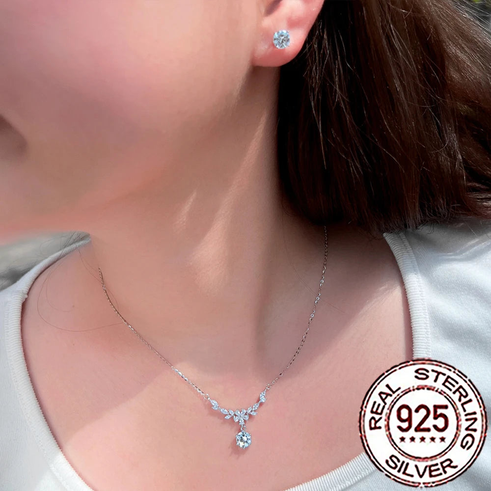 QooLady Halskette-Ohrringe-Sets aus Sterlingsilber 925, elegant, glänzend, CZ-Stein, Blatt-Blumen-Halskette, Ohrringe-Sets für Frauen, feiner Hochzeitsschmuck ST030