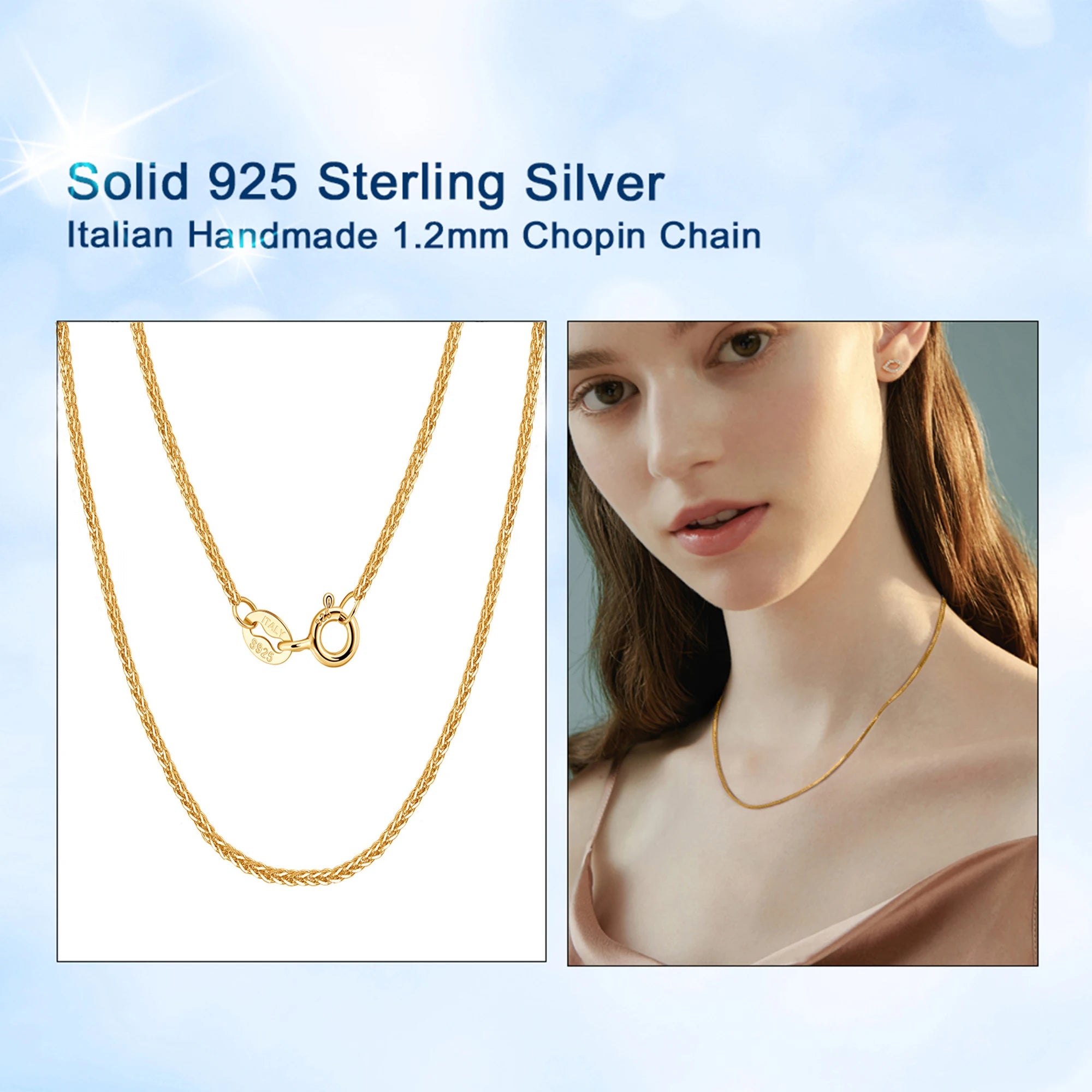 Effie Queen 100 % 925 Sterling Silber italienische 1,2 mm Chopin-Kette für Damen, modisch, 40–60 cm, Basic-Halskette, Schmuck SC53