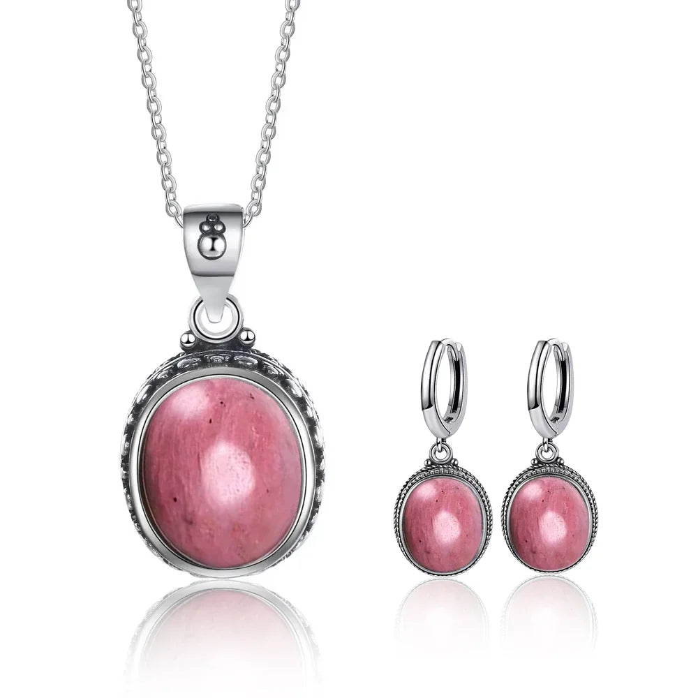 Vintage-Ohrring aus 925er-Sterlingsilber, ovaler natürlicher Kyanit-Stein, Mondstein, Labradorit, Creolen mit Halskette, Set für Frauen