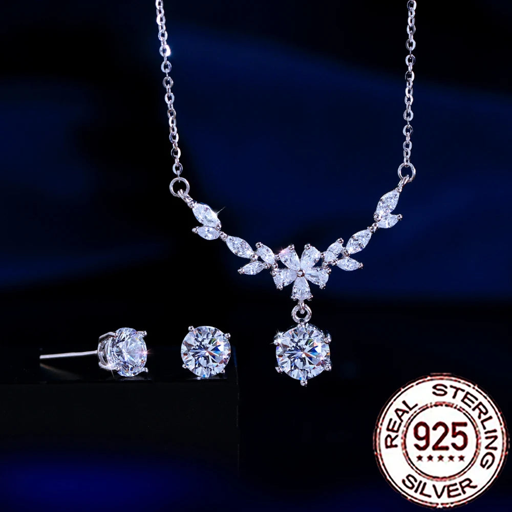 QooLady Halskette-Ohrringe-Sets aus Sterlingsilber 925, elegant, glänzend, CZ-Stein, Blatt-Blumen-Halskette, Ohrringe-Sets für Frauen, feiner Hochzeitsschmuck ST030