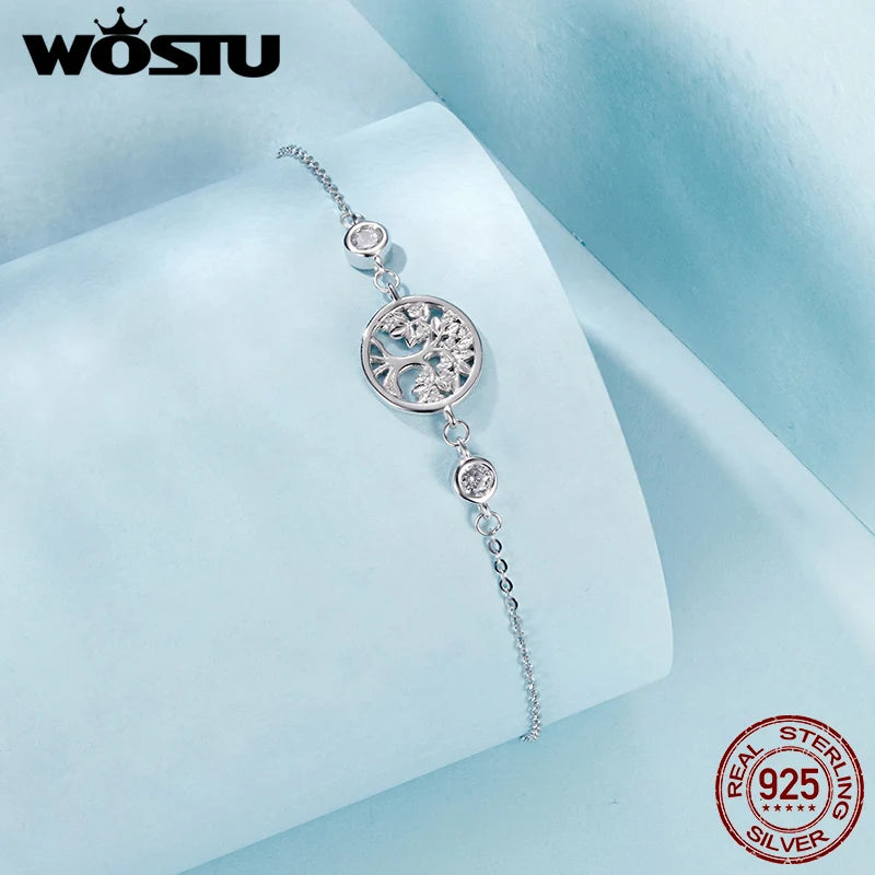 WOSTU Baum des Lebens Kettenglied-Armbänder Ohrstecker für Frauen 925 Sterling Silber AAA Zirkon Armband Familie Schmuckset Geschenk