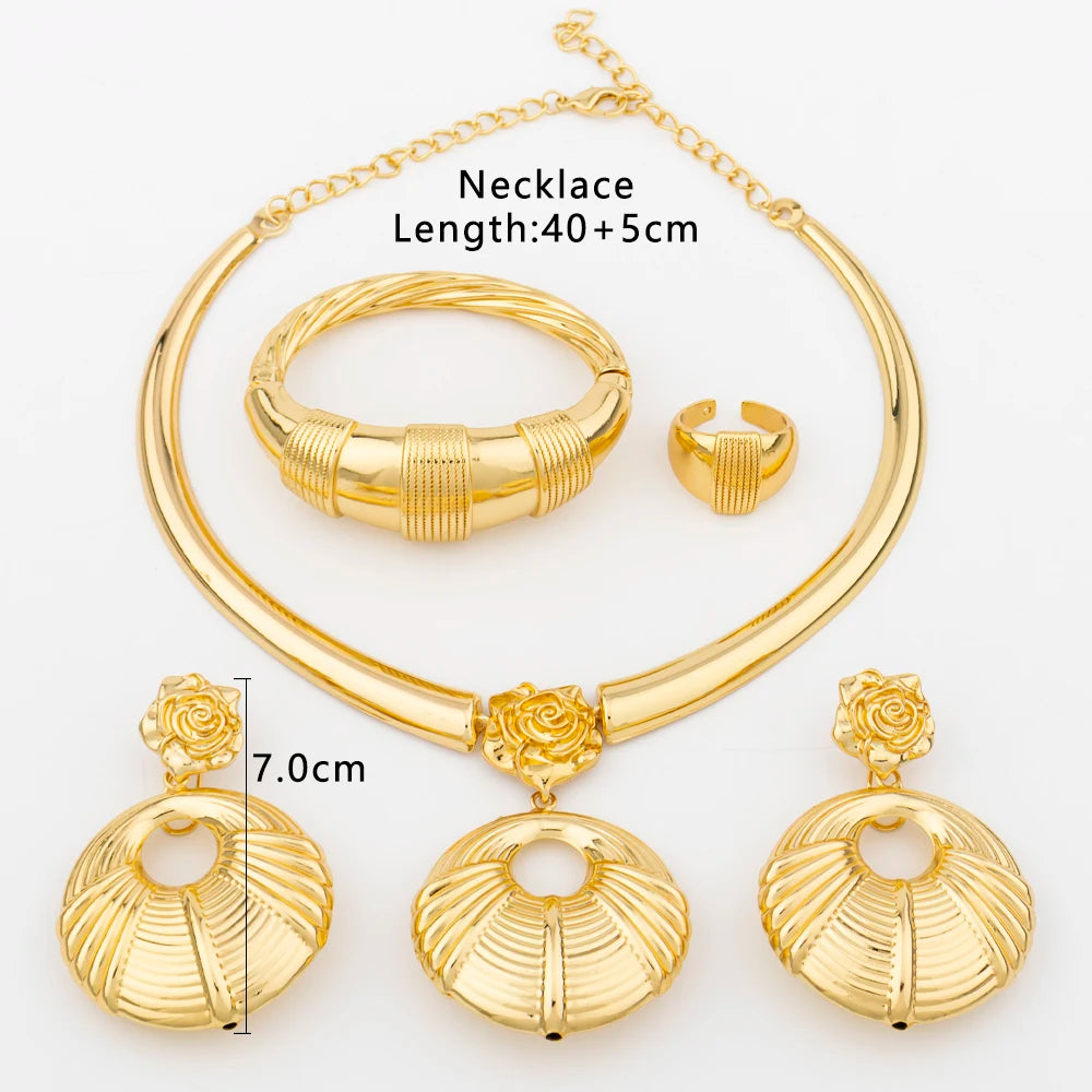 Afrikanisches 18 Karat vergoldetes Schmuckset für Frauen Creolen und Anhänger Set italienische Goldfarbe Hochzeiten Armreif Ring Schmuck