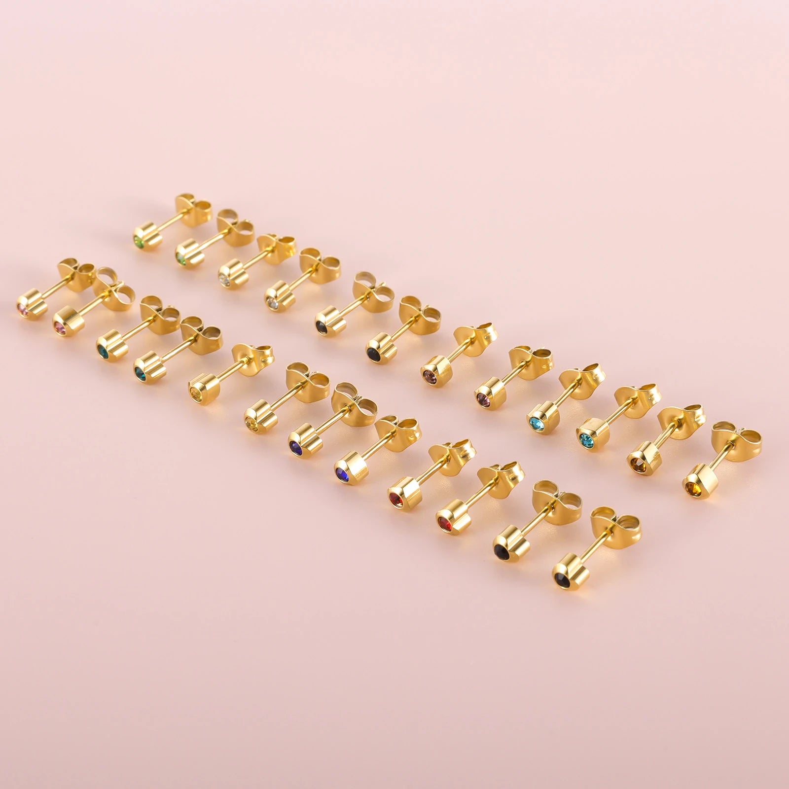 12 Paar Ohrstecker mit Geburtsstein aus chirurgischem Edelstahl mit kubischem Zirkonia, vergoldeter Herz-Stern-Ohrstecker, runder mehrfarbiger Ohrstecker