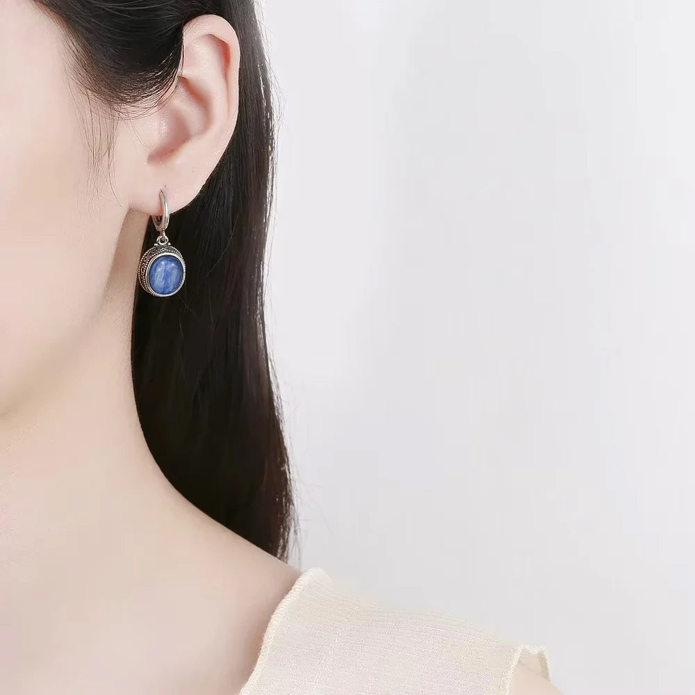 Vintage-Ohrring aus 925er-Sterlingsilber, ovaler natürlicher Kyanit-Stein, Mondstein, Labradorit, Creolen mit Halskette, Set für Frauen