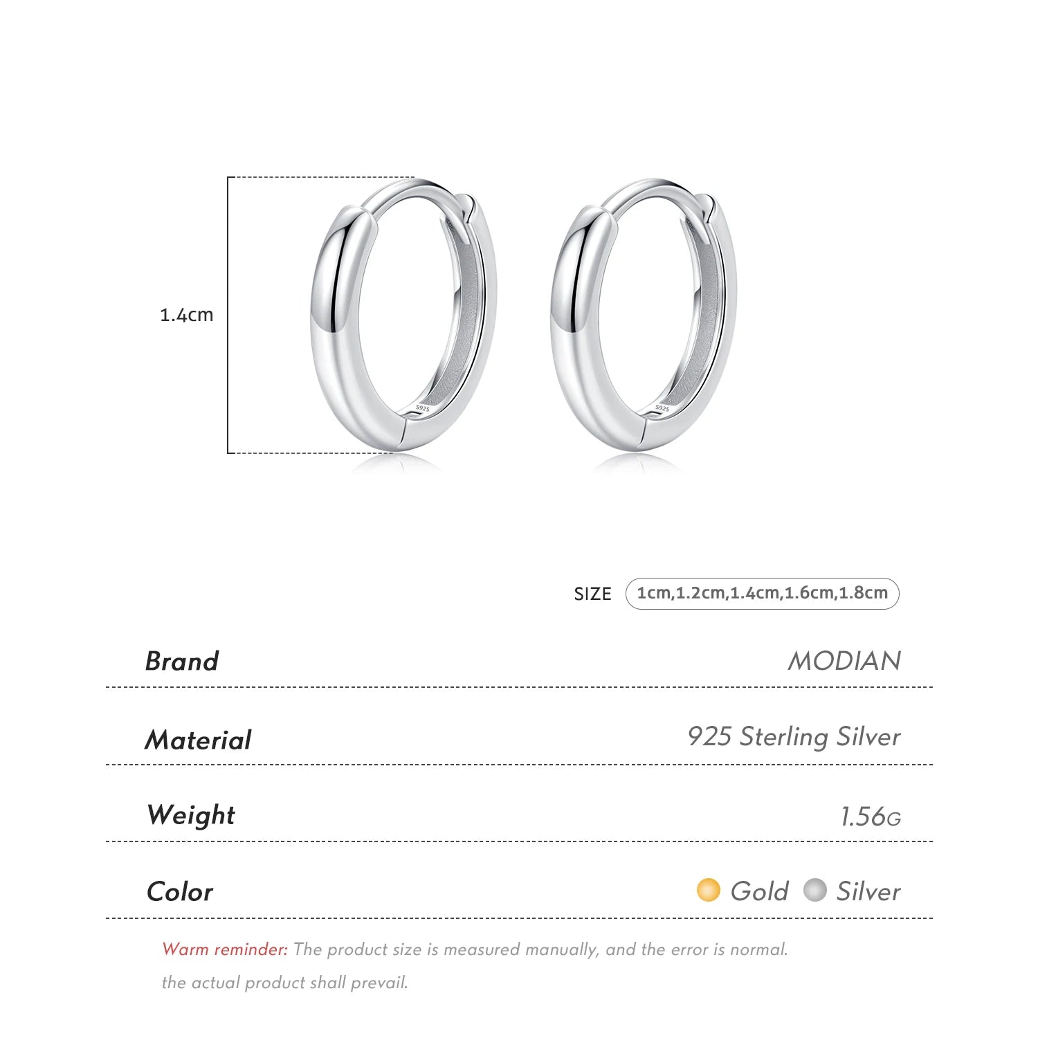 MODIAN 5 Größen 925 Sterling Silber Einfache stapelbare Kreis-Ohrschnallen Klassische Basic-Goldfarbene Creolen für Damenschmuck