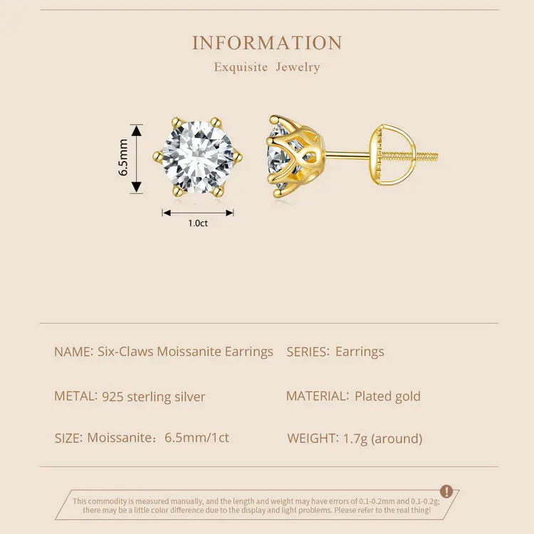 Bamoer U Gold-Moissanit-Ohrstecker, Ohrringe mit Schraubverschluss, Edelstein, Diamant, 6 Zinken, D-Farbe, Solitär für Frauen, Hochzeitsgeschenk