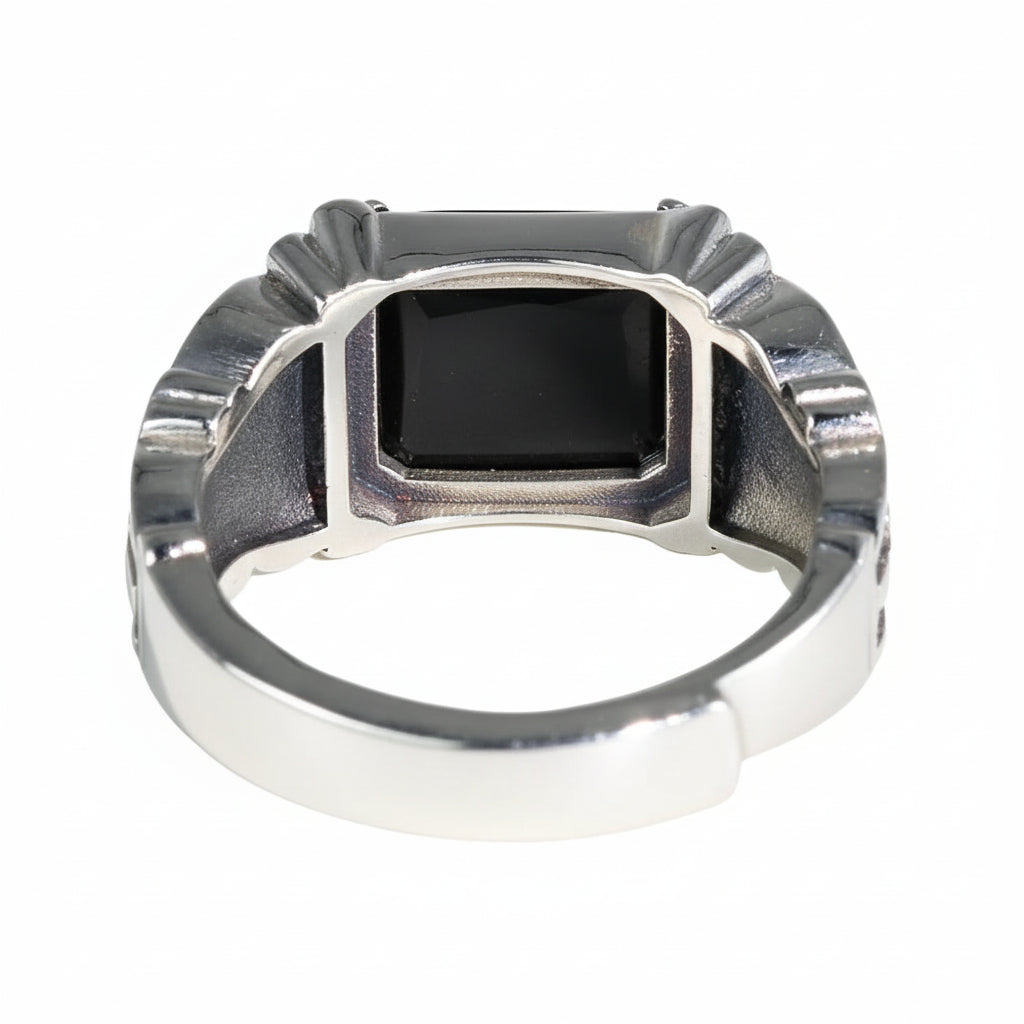 925er Silber-Siegelring mit Onyx – Christliche Kreuzgravur im Vintage-Punk-Look