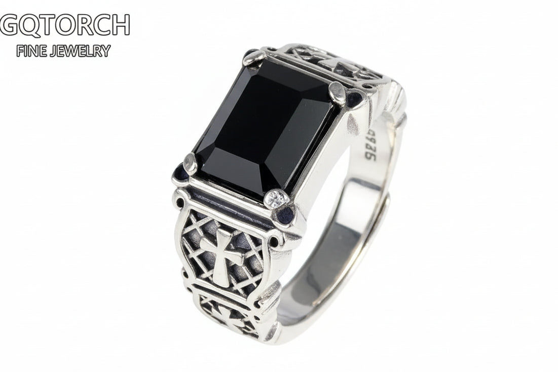 925er Silber-Siegelring mit Onyx – Christliche Kreuzgravur im Vintage-Punk-Look